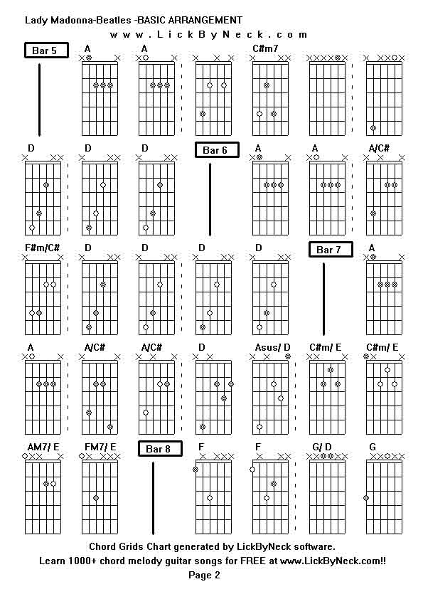 Chord Grids Chart of chord melody fingerstyle guitar song-Lady Madonna-Beatles -BASIC ARRANGEMENT,generated by LickByNeck software.